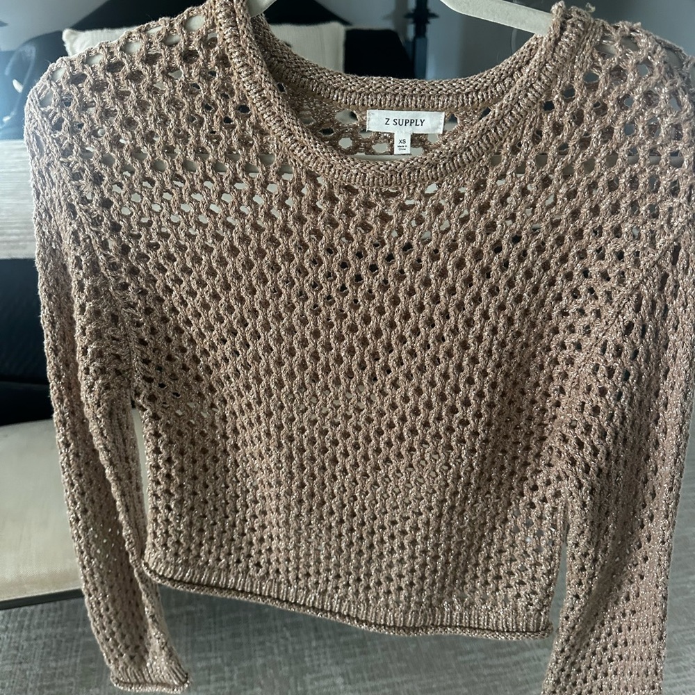 Z Supply Taupe Open-Knit Crewneck Sweater